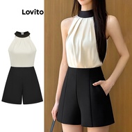 Lovito Casual Jumpsuit Plain Pleated Colorblock Jumpsuit for Women L95ED050