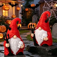 NEXARIA‌ Red Gnome, Red Robe Black Horns Halloween Figurine, Dwarf Ornament Holding Trident White Be