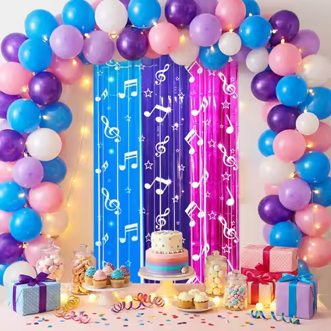 Pop Music Theme Rain Curtain Blue Purple Glitter Shimmer Fringer Birthday Bachelor Wedding Party Bac