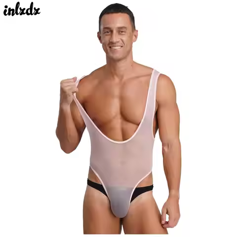 Mens Lingerie One-piece Bodysuit Swimwear Rave Party Costume Sheer See Through Chest Muscle Bulge Po