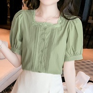 VONDA เสื้อเบลาส์เดรสลูกไม้แพทช์เวิร์กลำลองของผู้หญิงเสื้อคอกลมสี่เหลี่ยม (ลำลองเกาหลี)