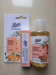 大優惠[個人護理用品] 全新泰國Boots茉莉花香橙滋潤潤唇膏 orange blossom & jasmine lip balm 4.5g及杏仁椰子身體按摩油 coconut & almond ma