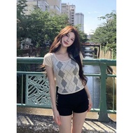 Women Argyle Short Sleeve Knit Top Square Neck Slim Fit Summer T-shirt