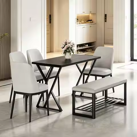 55 Inch Dining Table For 4 People, Industrial Rectangular Kitchen Table With Waterproof Wood Top And