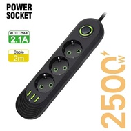 EU Plug Power Strip 3/4/5 Outlet Multitap Extension 10A with 2 USB 1 Type-C Ports 2m Cord Electrical