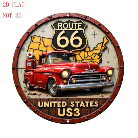 1pc Route 66 Classic Red Truck & Vintage Map Metal Wall Sign - 8 Inch Round Aluminum Americana Road 