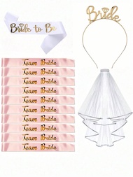 3 Piecesset / 13-Piece Set Teambride And Bride To Be Sash And Veil, Hen Party Accessories With Tiara