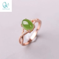 Fashion egg noodles Hetian jade ring S925 silver rose gold jasper opening adjustable ring