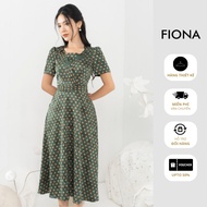 FIONA women's dress Flared dress with blue background dot pattern, decorative pleated collar and bel