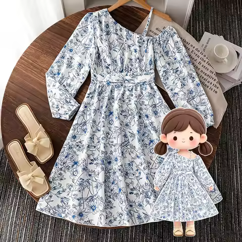 Girls 8-12 casual dress, blue floral one-shoulder dress, soft breathable, perfect for school and dai