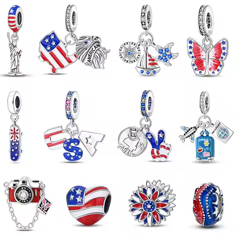 Meaning Series 925 Sterling Silver USA Flag Independence Day Statue Of Liberty Charms Beads 3mm DIY 
