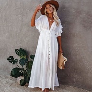 Solid Color Long Dress Elegant Women Summer Cover-Ups Vacation Beach Sun Protection Lace Up Buttons