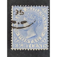 Straits Settlements 1882-99 Queen Victoria Wmk Crown CA 8c Blue - 1pc Used Old Malaya Stamp / Setem
