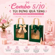 [Set 3-5-10] Blue Gift Bag with Straw Handle with Bow and Straw Paper Included - Mica Surface - Mean