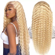 32 Inch Lace Front Wig Human Hair 613 13X6 Transparent Lace Deep Wave 180 Density Free Part Blonde L