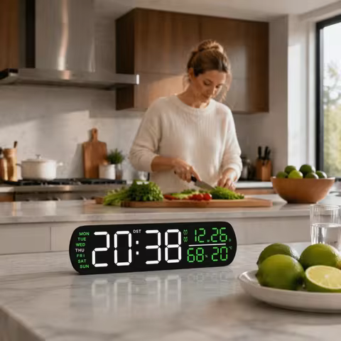 26.5x3.5x7cm LED Desk Clock Black Shell Green Battery Backup Digital Alarm Clock Date Day of Week Di