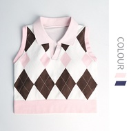 Women Argyle Knit Polo Sports Top Fixed Pads Sleeveless Yoga Golf Crop Top