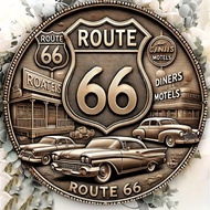 ป้ายโลหะสไตล์วินเทจ Route 66 - ศิลปะผนังเหล็ก เหมาะสำหรับการตกแต่งบ้าน โรงรถ คาเฟ่ และบาร์ แผ่นทรงกล