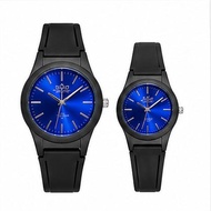 QQ2 Couple Quartz Watch Set | Black Silicone Strap | Blue Sunburst Dial | Waterproof Matching His & 