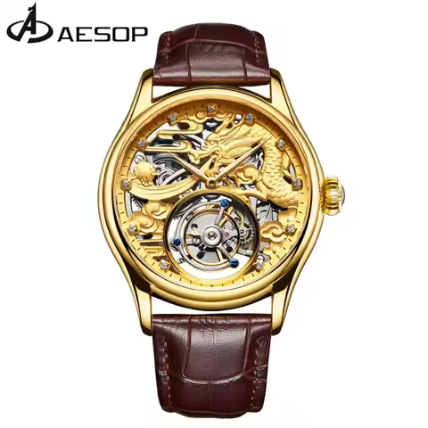 AESOP Golden Dragon Tourbillon Skeleton Watch Luxury Mechanical Wristwatch Zodiac Series Waterproof 