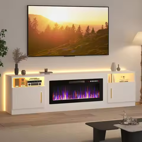 Modern 80-inch Wood Media TV Stand with LED Lighted Fireplace for TVs up to 90 inches
