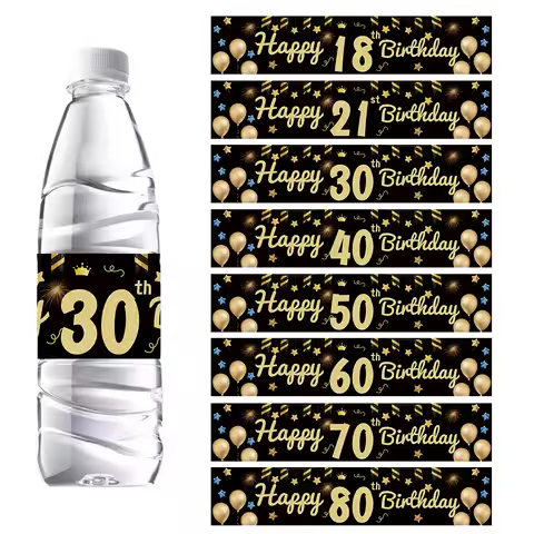 24Pcs Black Gold Birthday Bottle Sticker Happy 18 21 30 40 50 60 Years Old Birthday Party Decor Adul