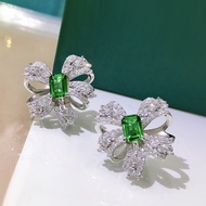 OEVAS 100 925 Sterling Silver Emerald Full High Carbon Diamond Bowknot Stud Earrings For Women Sparkling Wedding Fine Jewelry