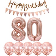 2 Balloons Number 80+ haappy Birthday Garland + Rose Gold Banner foil Balloon 80th Birthday Decorati