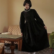 黑色 木耳花邊領復古洋裝 精緻浮雕面料 法式宮廷風連身裙