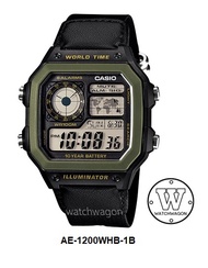 [Watchwagon] Casio " Royale " AE-1200WHB-1B Green Bezel Black Casing Black Nylon Band 10 Years Batte