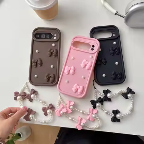 Bow Tie Pearl Chain Rope Phone Case For Realme 5 6 7 8 9 10 11 12 13 14 Pro Plus 5G 4G 5i 7i 8i 9i 1