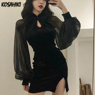 KOSAHIKI Vintage Sexy Goth Aesthetic Mesh Long Lantern Sleeve Black Mini Dress Women Harajuku High Waist Bodycon Party Dresses