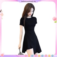Women Hepburn Style Short Sleeve Irregular Dress Solid Color Causal Dress