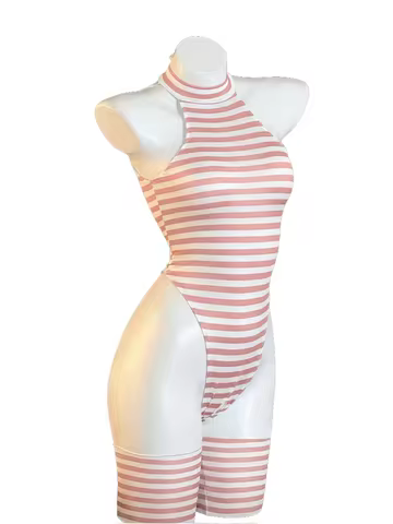 Women 2Pcs Blue White Striped Halter Bodysuit, Sleeveless High Slit with Matching Stockings for Role