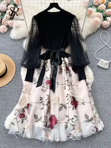SINGREINY Senior Knitted Patchwork Dress Long Lantern Sleeves Bow Mesh Embroidery Floral Women Autum