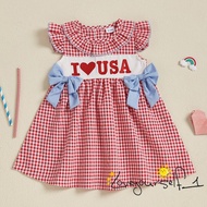 B935G-Girls A-line Dress  Fly Sleeve Bows Embroidery Letters Plaid Dress Casual Summer Dress 4th of 