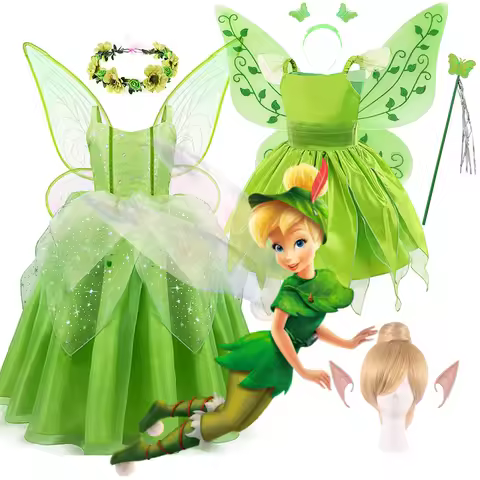 Girls Cosplay Green Fairy Tinker bell Dress Kids Disney Princess Flower Fairy Wings Costume Party Ti