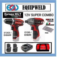 EUROPA HILT 12V COMBO (E12CD + E12ID) CORDLESS COMPACT DRILL + IMPACT DRIVER (EHD699 EHI699) LIKE BO