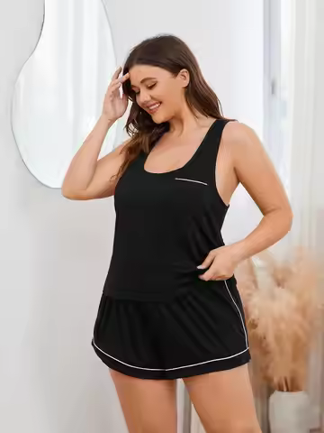 Plus Size Racerback Women's Pajamas Set Sleeveless Camisole Top & Shorts 2 Pieces Sleepwear Pijamas 
