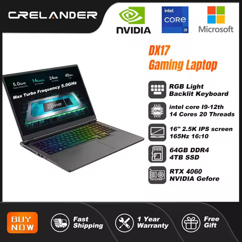 CRELANDER Laptop Gamer 16 Inch Intel Core i9 Processor 2.5k IPS Screen 165Hz RTX 4080 RAM 64GB 4TB S