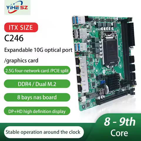 C246 ITX NAS Motherboard 8 SATA 3.0 4*I226 2.5G 2*M.2 NVME 2*DDR4 PCIE 16X NAS Board LGA1151 Support