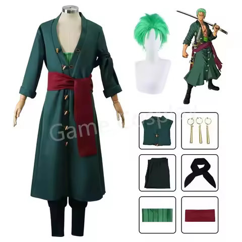 Anime Roronoa Zoro Cosplay Costume Uniform Green Coat Pants Head Scarf Roronoa Zoro Wig Earrings Hal