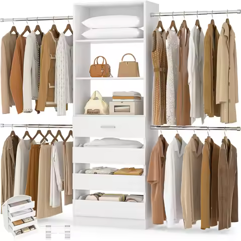4-9Ft Closet System with 4 Wooden Drawers, Walk-in Closet Organizer Wardrobe Clothes Rack with 4 Han