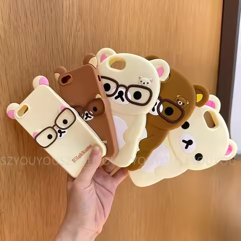 For iPhone 16 Pro Max 15 Plus 14 Pro 13 12 11 7 8 Plus 6S 4S 5 5S SE Kawaii Glasses Rilakkuma 3D Car