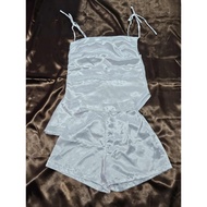Set Spaghetti Strap Top + Shorts Satin Fabric White Omo Bust 30 For Mini Size Women promthong Label 