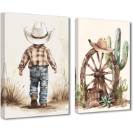 PBXBJY Western Cowboy Wall Art Nursery Decor Set of 2 Cactus Canvas Prints Desert Painting Cowboy Ki