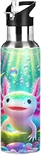 Cute Pink Axolotl Colorful Stainless Steel Water Bottle 32 Oz, BPA-Free Sports Water Bottle with Str