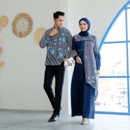 X☛M4 Baju Batik Couple Sarimbit Gamis Motif Bunga Kombinasi Polos