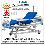AMGO Hospital Bed 3 Function Manual + Mattress + Dining Table (Triple Crank) (ABS)