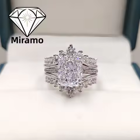 4CT Radiant Cut Moissanite Ring Set S925 Luxury Stackable Diamond Ring Zircon Crown Stackable Band W